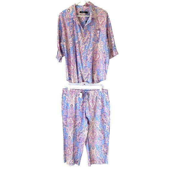 Lauren Ralph Lauren NWTs Blue Pink Capri Cotton Pajama Set Petite Large PL - Picture 2 of 10